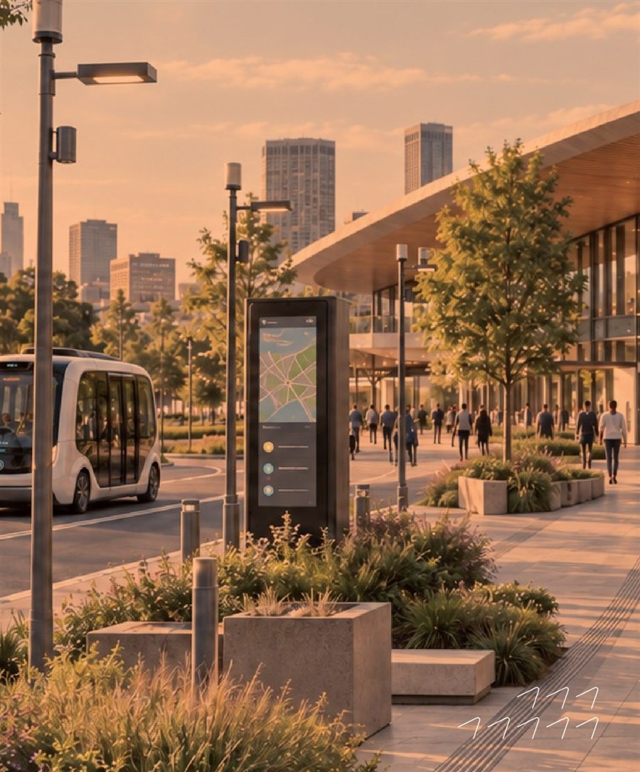 A smart-city street with an autonomous shuttle, a digital map kiosk and people walking
