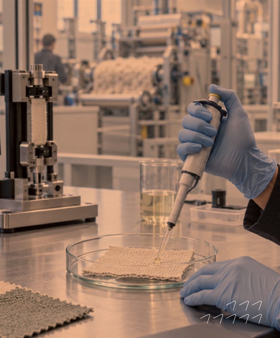 A scientist testing a sustainable textile sample in a materials lab