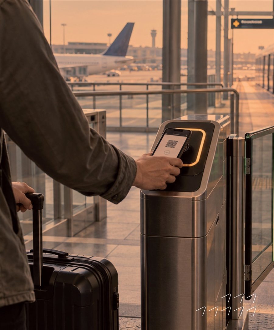 A traveller scanning a digital boarding pass at an airport gate